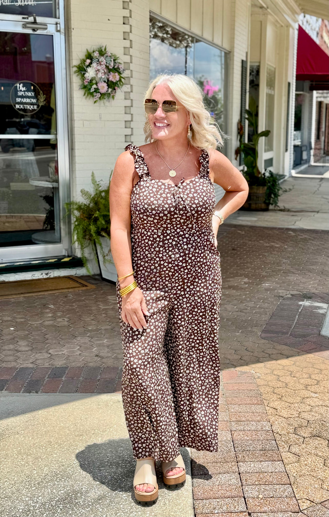 CHOCOLATE DITSY FLORAL JUMPSUIT