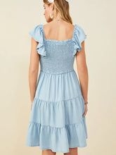 Load image into Gallery viewer, Smocked Detail Ruffled Sleeveless chambray denim Dress
