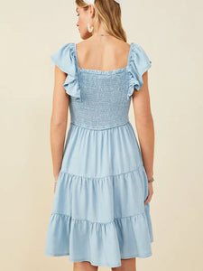 Smocked Detail Ruffled Sleeveless chambray denim Dress