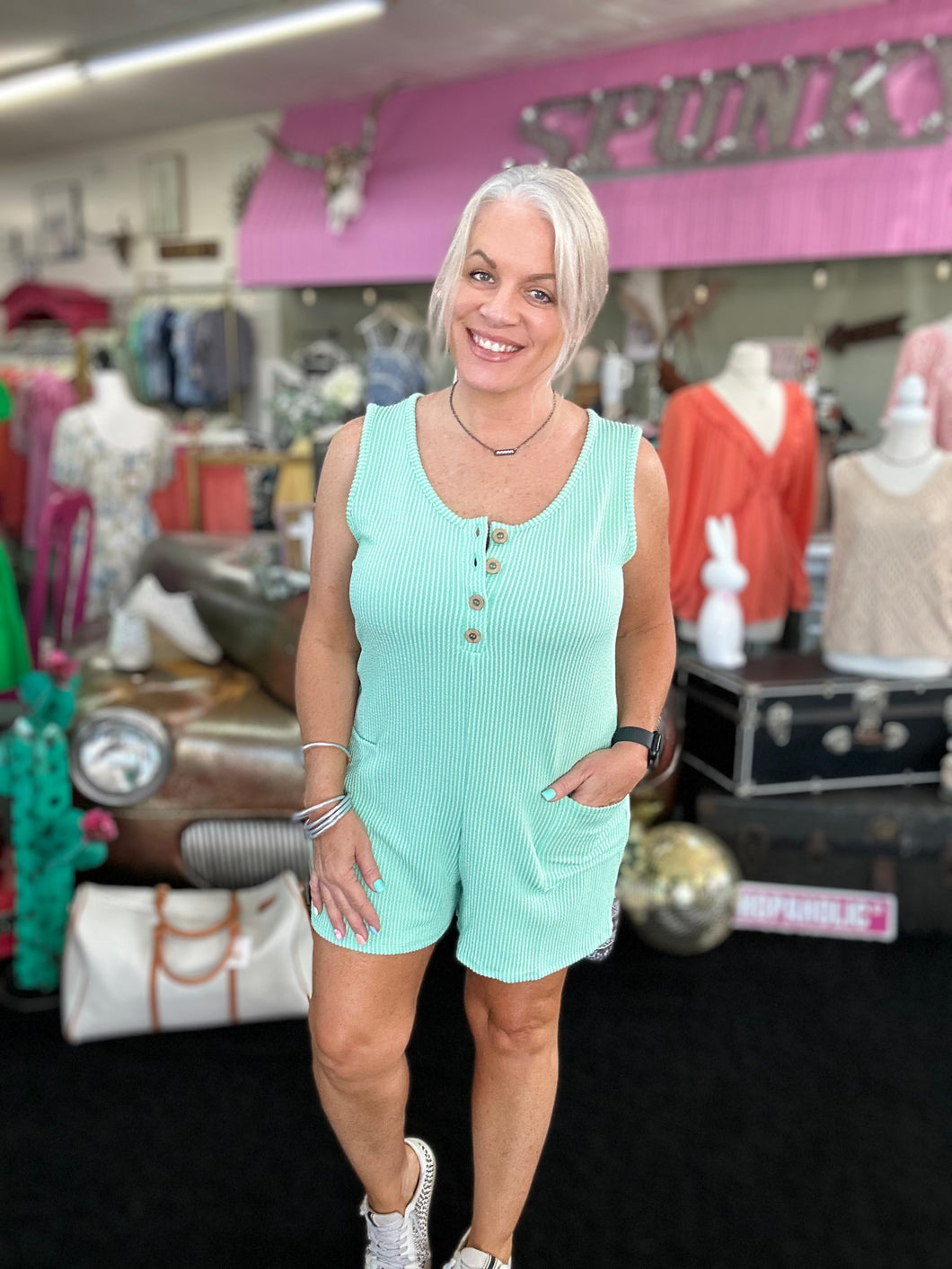 RIB SLEEVELESS ROMPER WITH POCKETS IN MINT