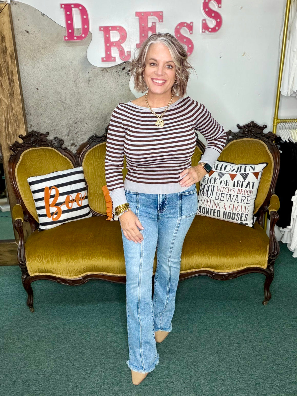 Light Grey Boatneck Stripe Ribbed Long Sleeve Top