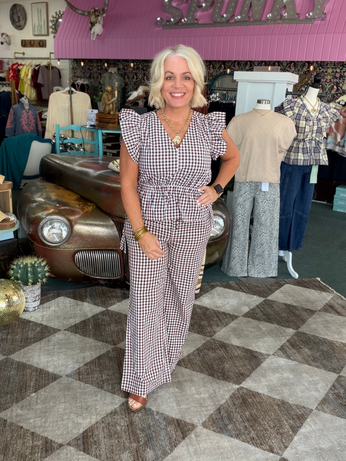 Brown Gingham Ruffle Peplum Top and Pants Set