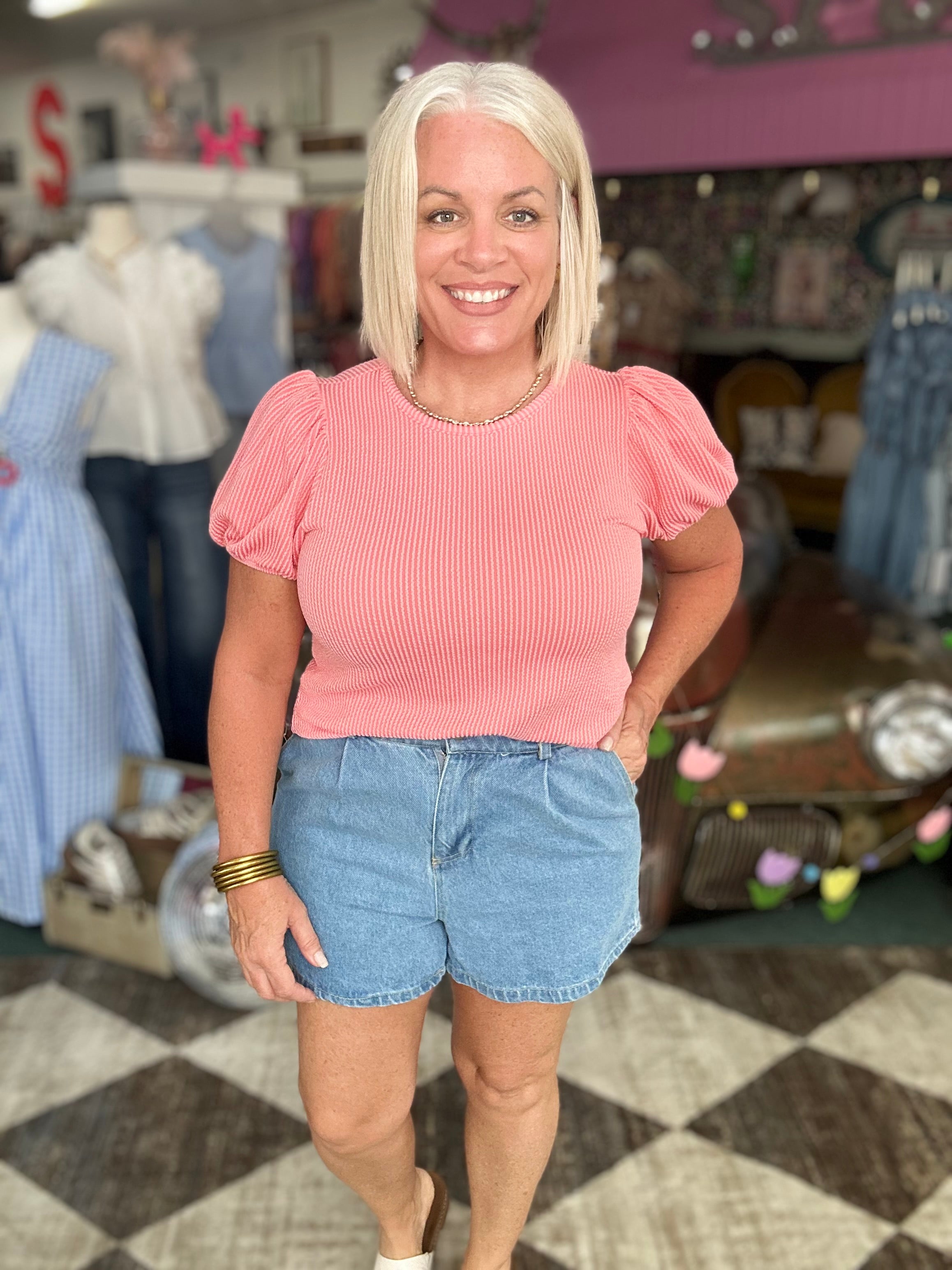 Coral Ribbed Puff Sleeve Top