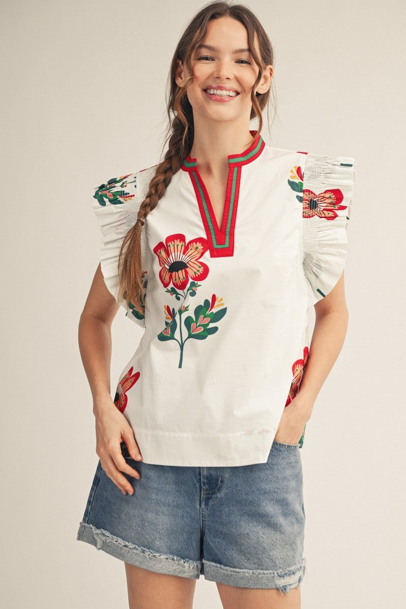 Ruffled Sleeves Floral Print Woven Top