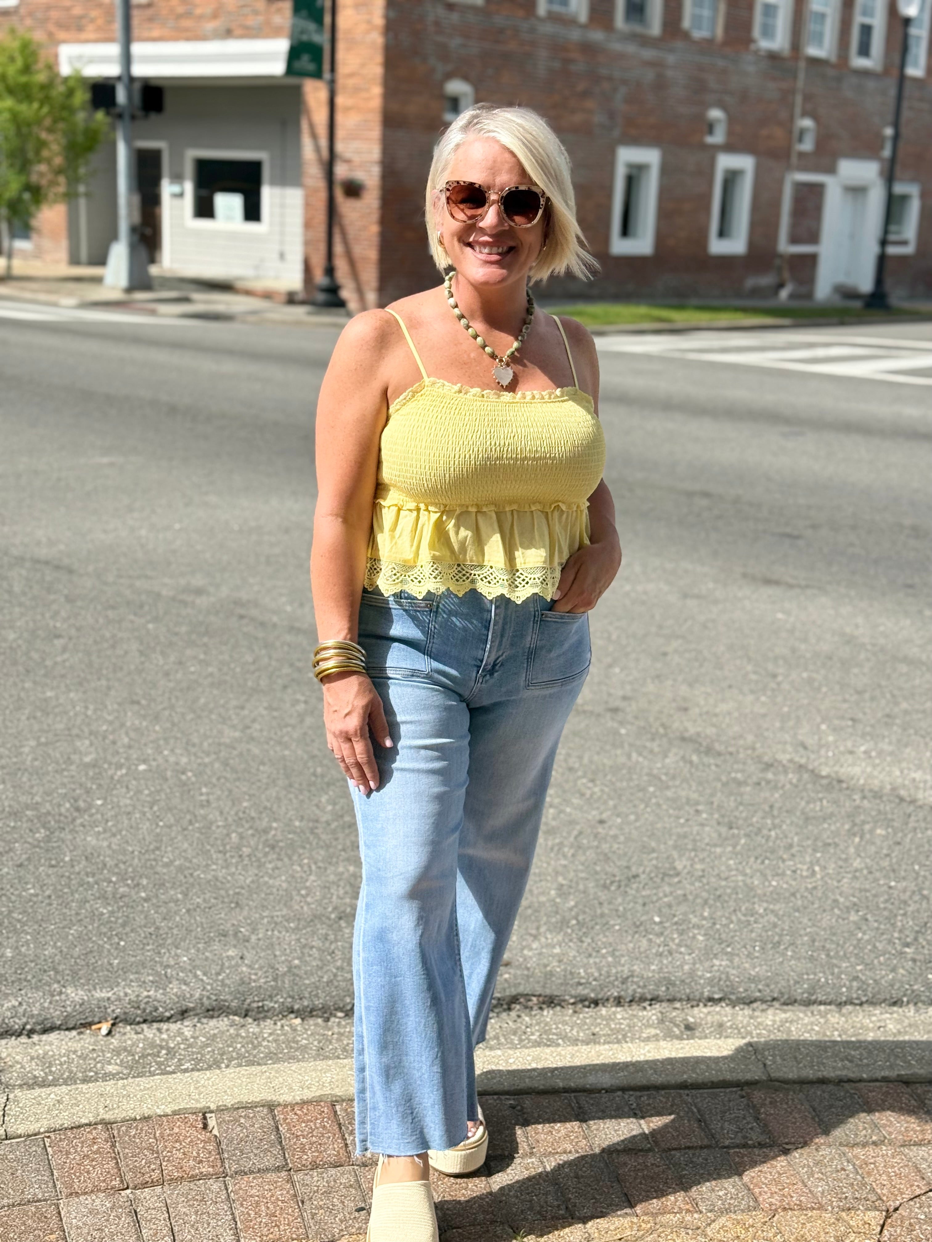 Yellow Smocked Peplum Top with Lace Trim