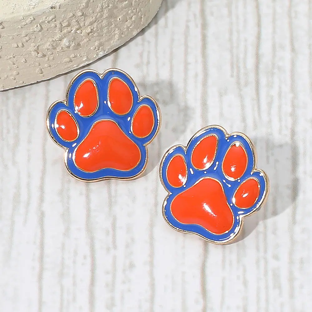 Enamel Game Day Paw Stud Earrings ORANGE AND BLUE