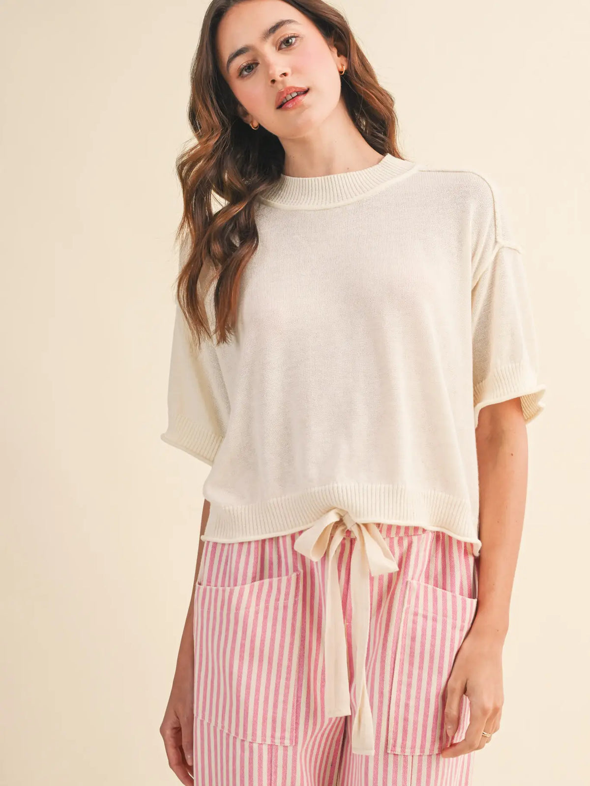 Off White Lightweight Knit Mock Neck Short Sleeve Sweater