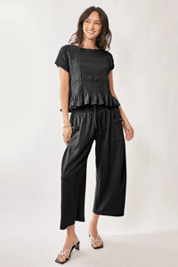 Ruffle Cap Sleeve Top and Waistband Pants Set