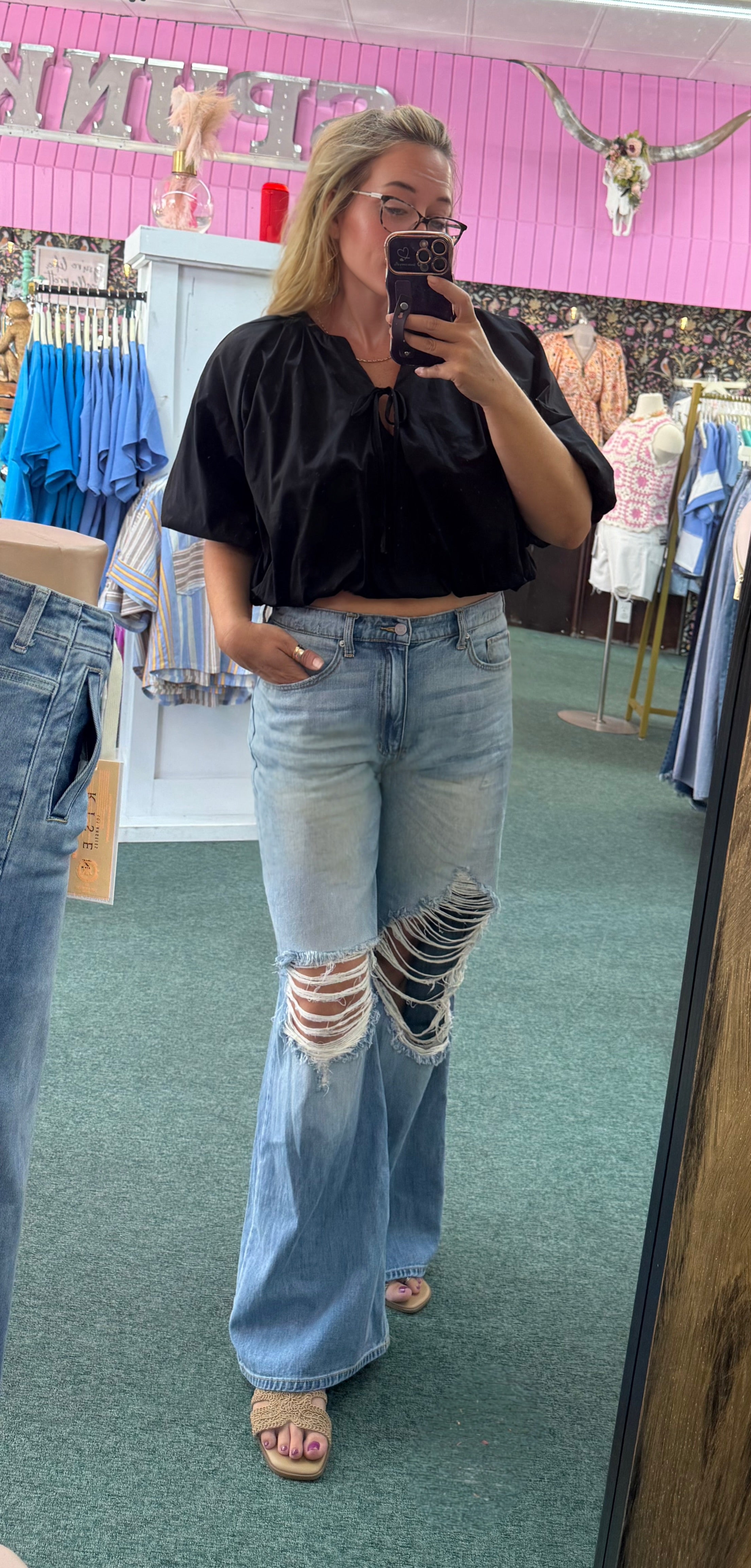 Balloon Poplin V-Neck Tie Blouse