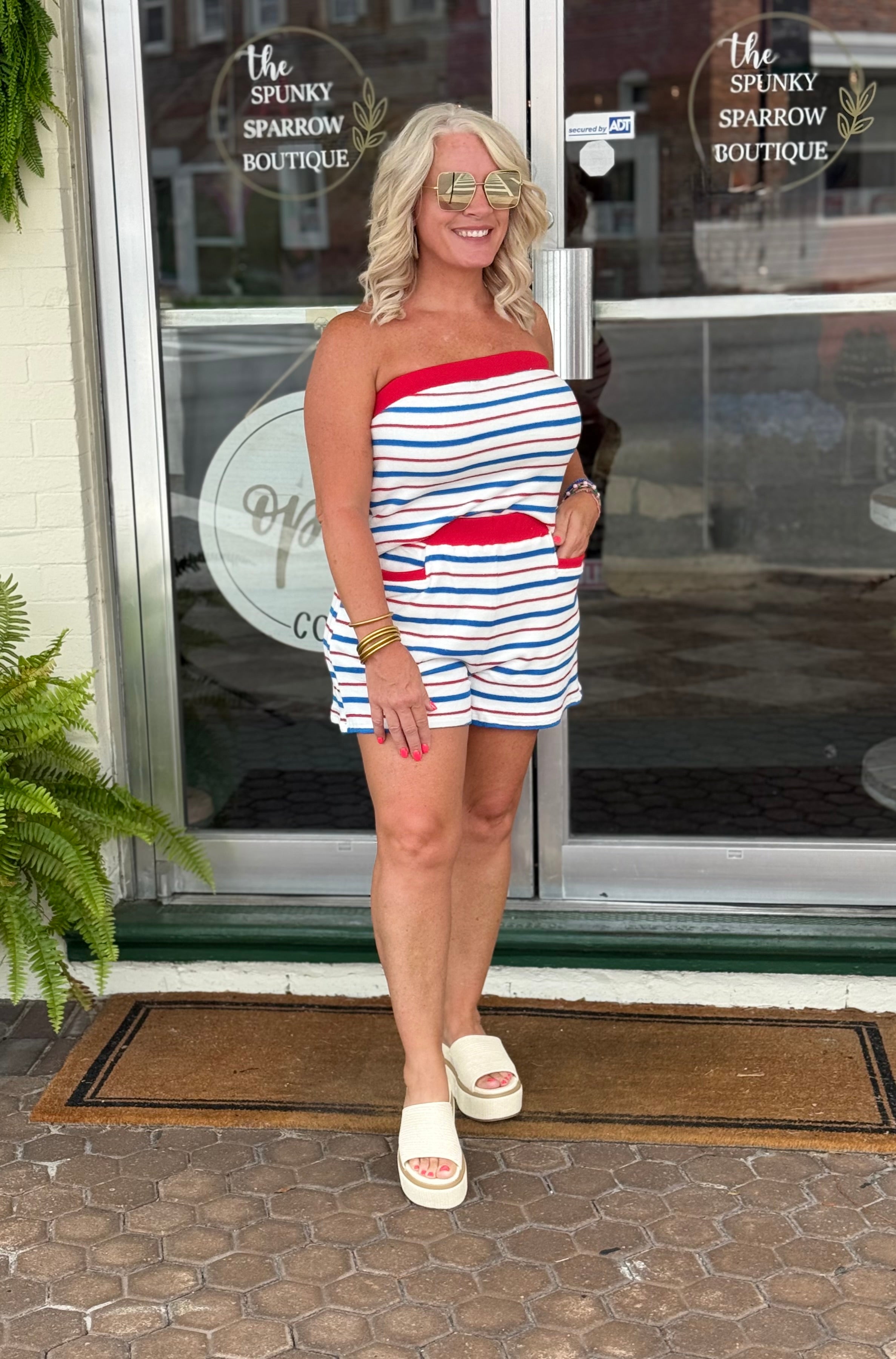 Red White & Blue Strapless Tube Top Shorts Matching Set