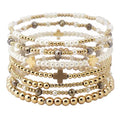 Gold Beaded with Pearl and Brown Beaded Set of 7 Stretch Bracelets