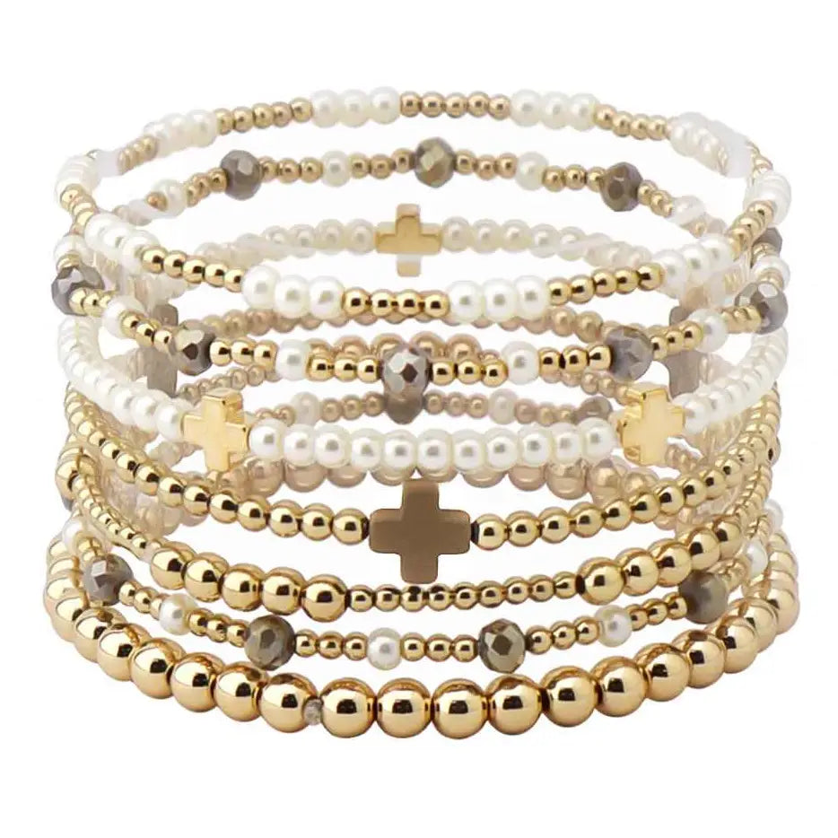 Gold Beaded with Pearl and Brown Beaded Set of 7 Stretch Bracelets