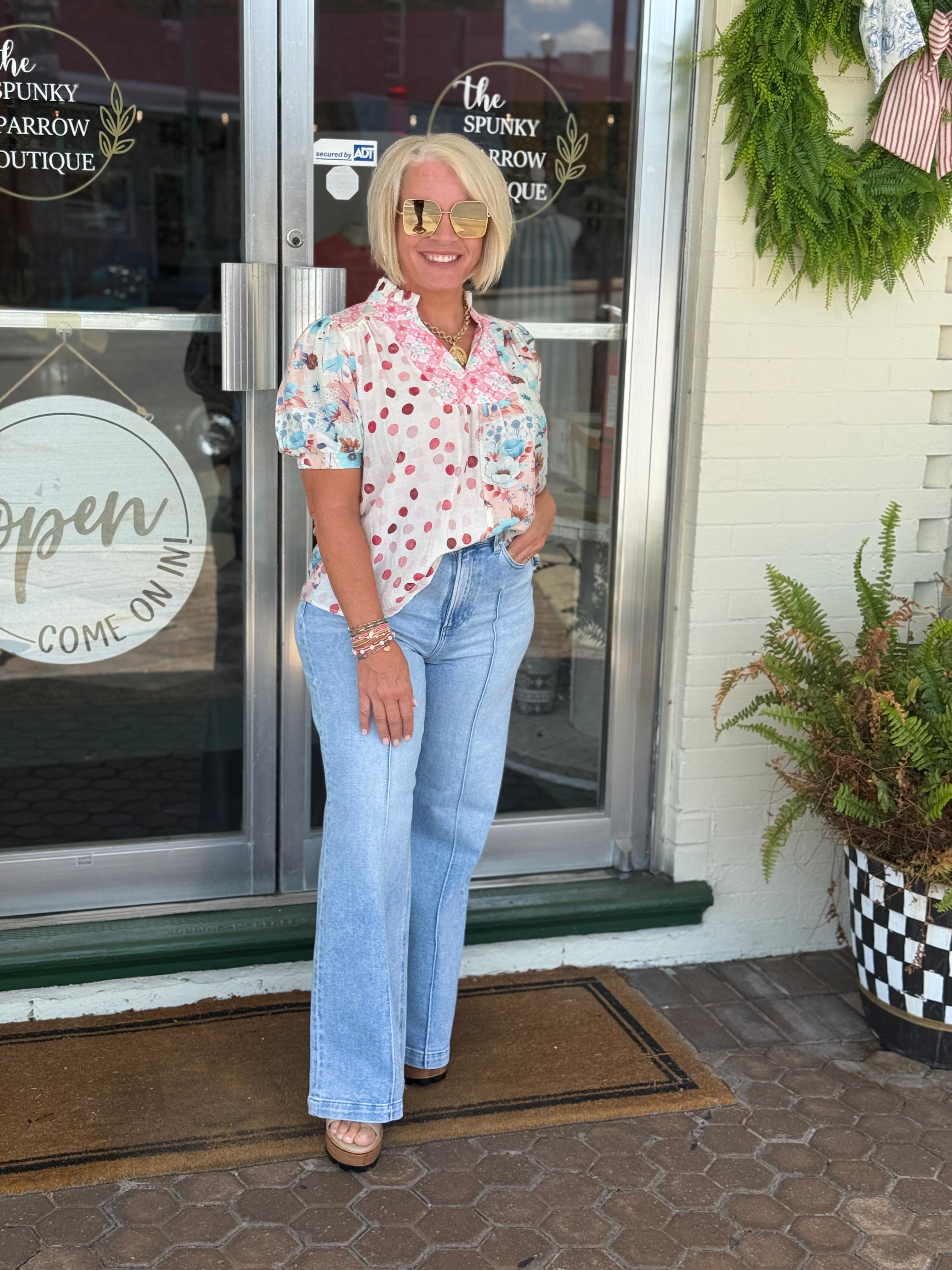 Coral Mixed Print Half Button Blouse