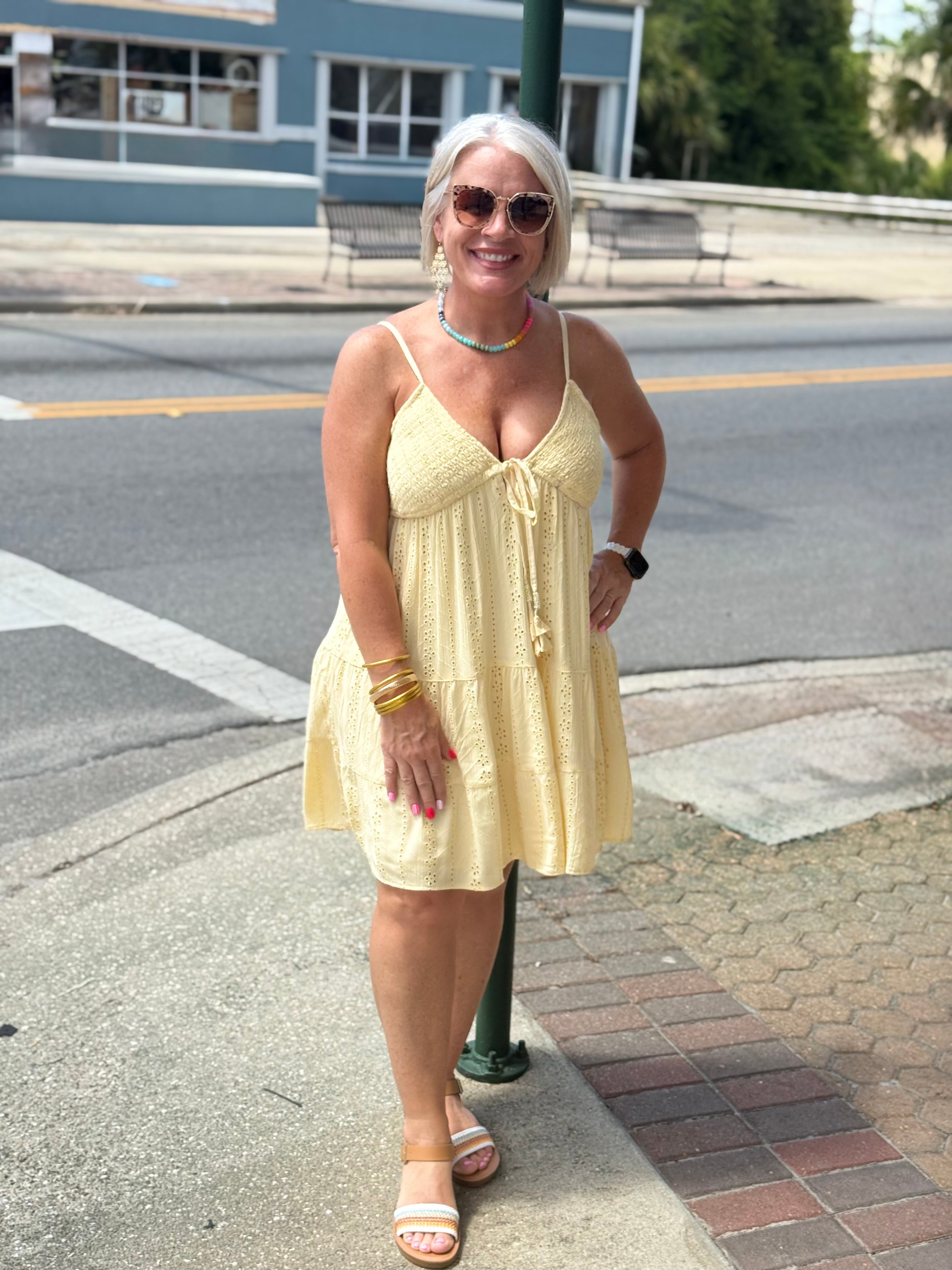 Lemon Eyelet Embroidered V Neck Sundress