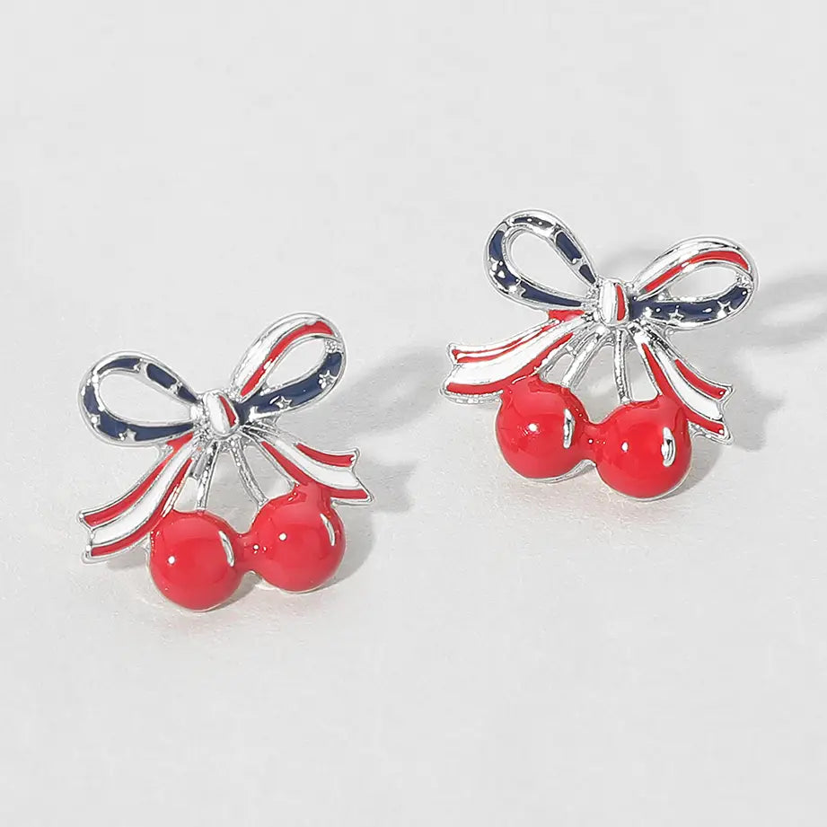 American USA Flag Bow Cherry Stud Earrings