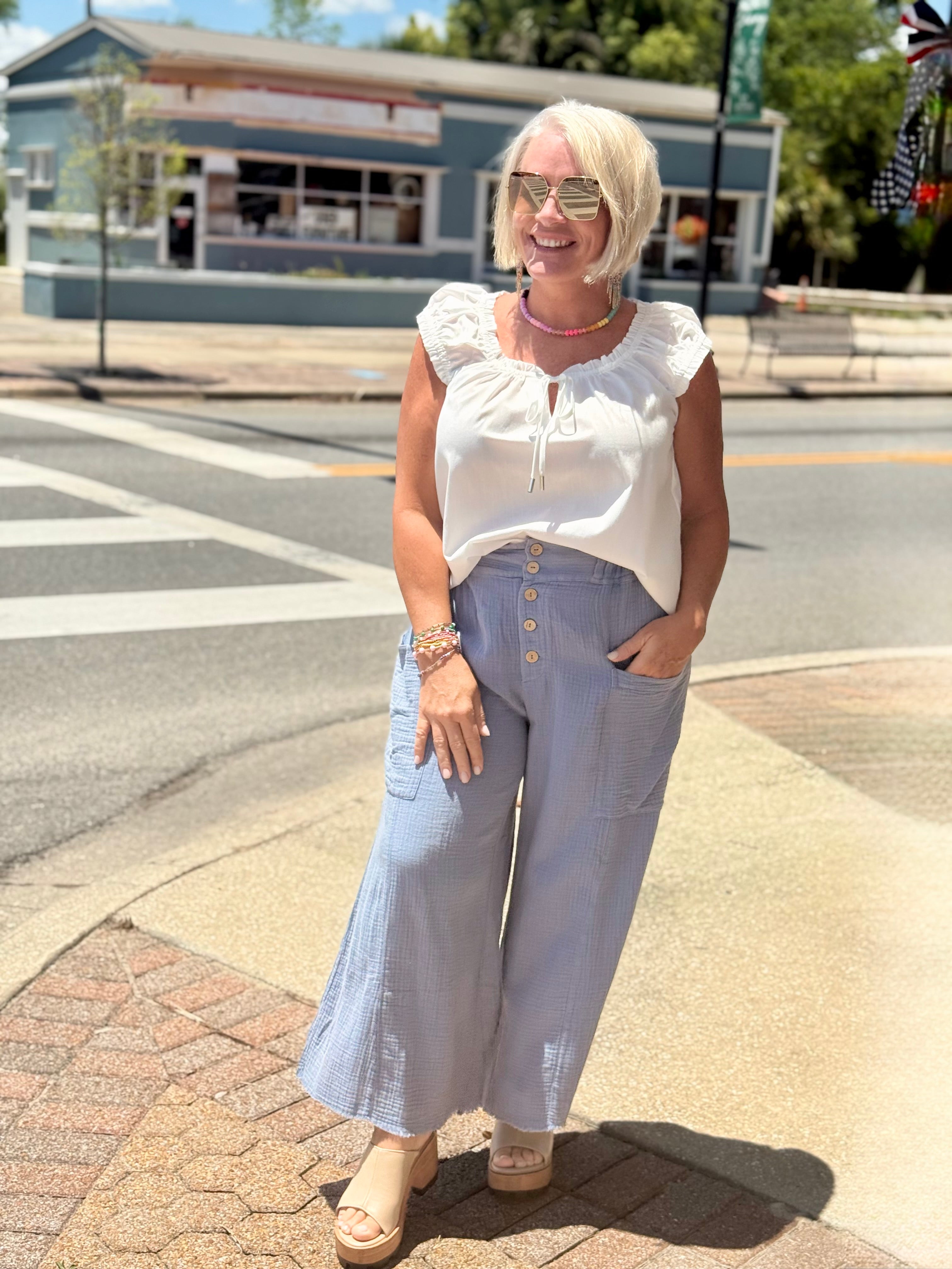 Washed Denim Cotton Gauze Pants