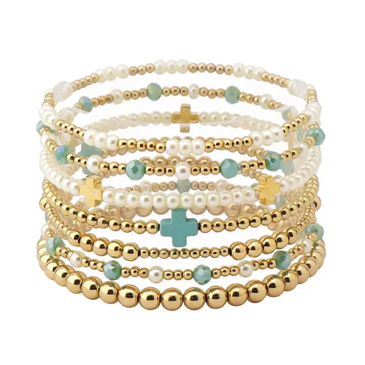 Set of 7 Pearl and Gold with Turquoise Cross Stretch Bracelet