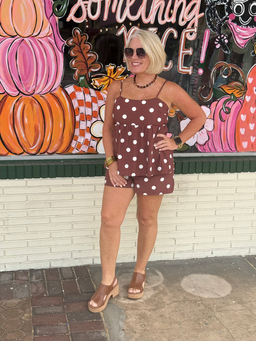 Brown Polka Dot Babydoll Cami Top and Shorts Set