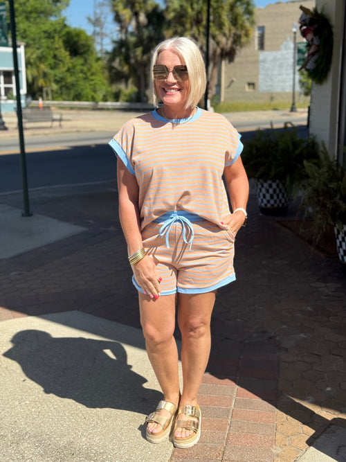 Apricot Combo Contrast Striped Top & Shorts Set