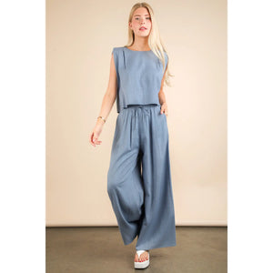 Linen blend pants set in olive and blue