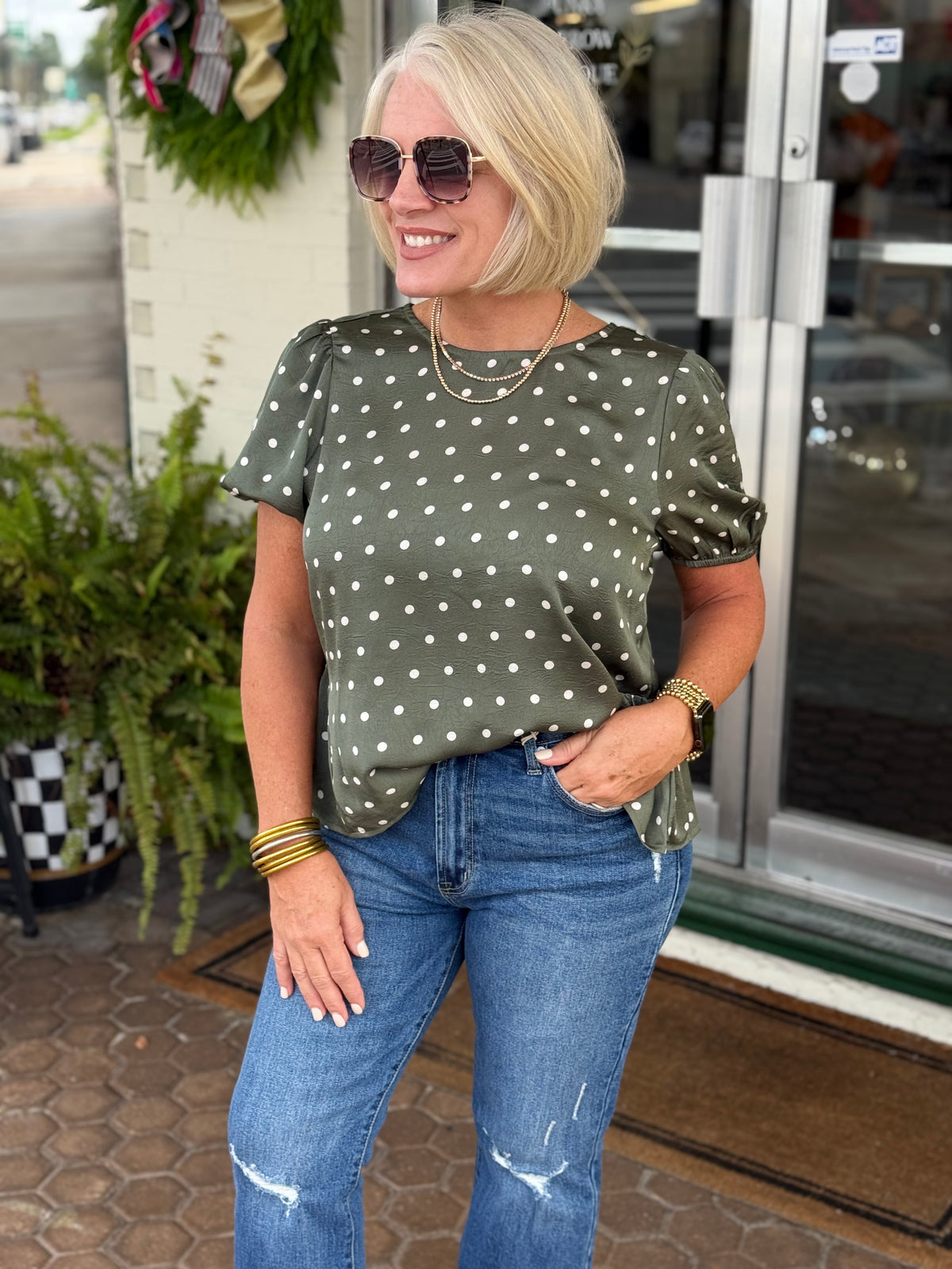 Olive Polka Dot Peplum Blouse