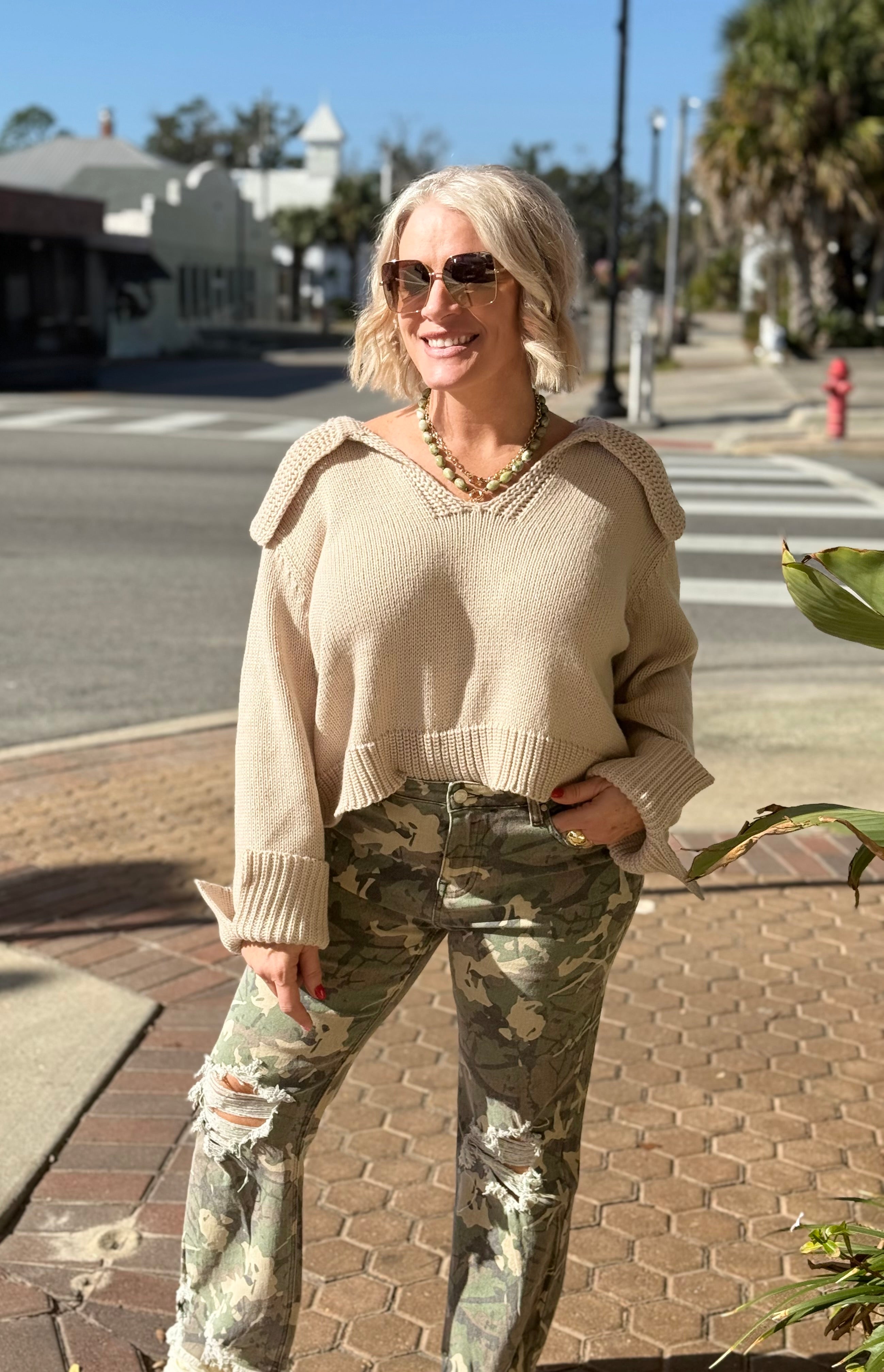 Khaki Knit Collared Long Sleeve Top