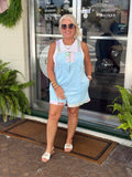 Blue Mineral Washed Floral Patched Zipper Romper