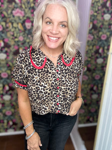 Leopard Print Blouse Puff Sleeves Statement Collar