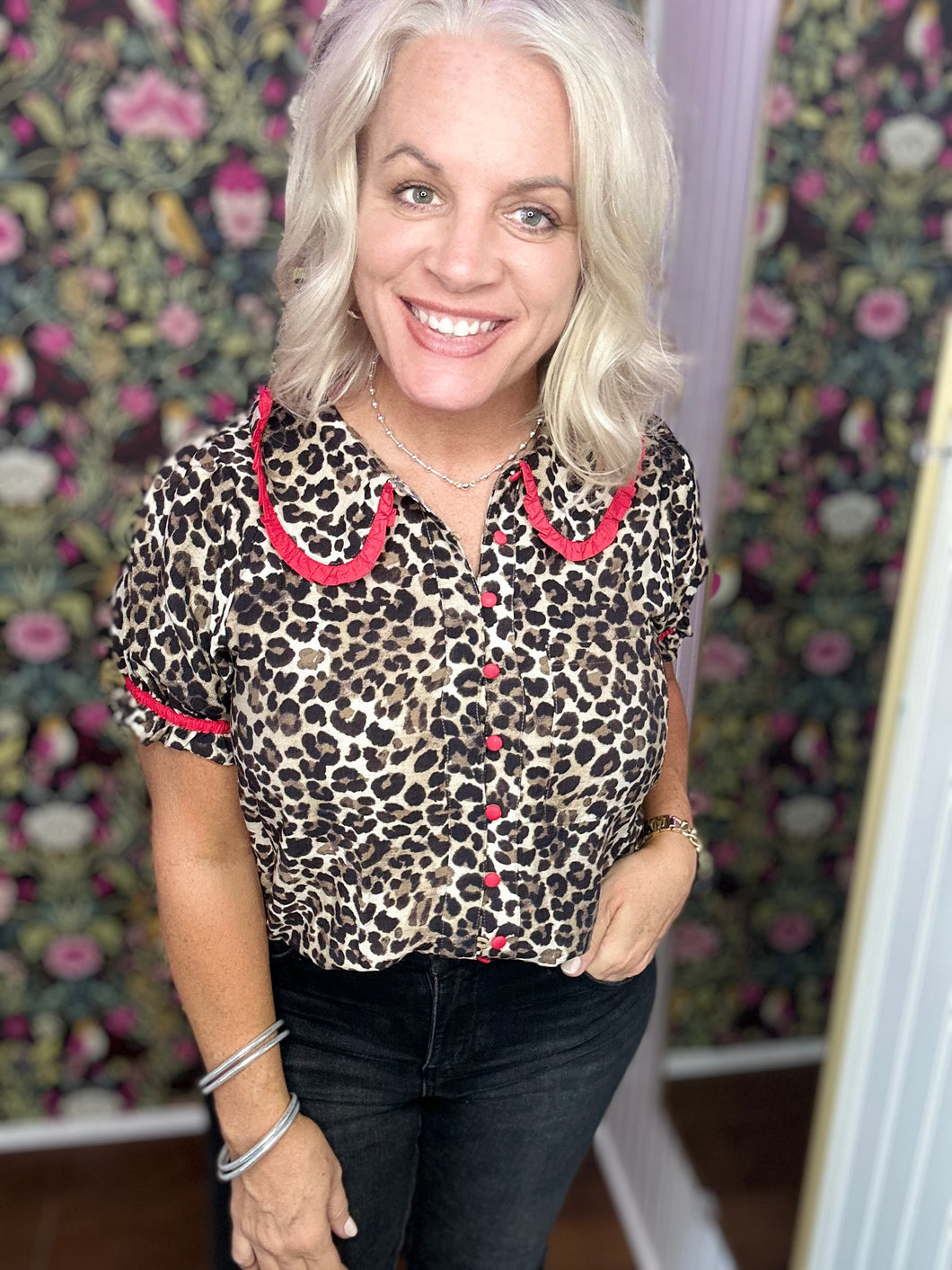 Leopard Print Blouse Puff Sleeves Statement Collar