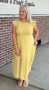 Smocked Tiered Midi Dress in Dust Yellow