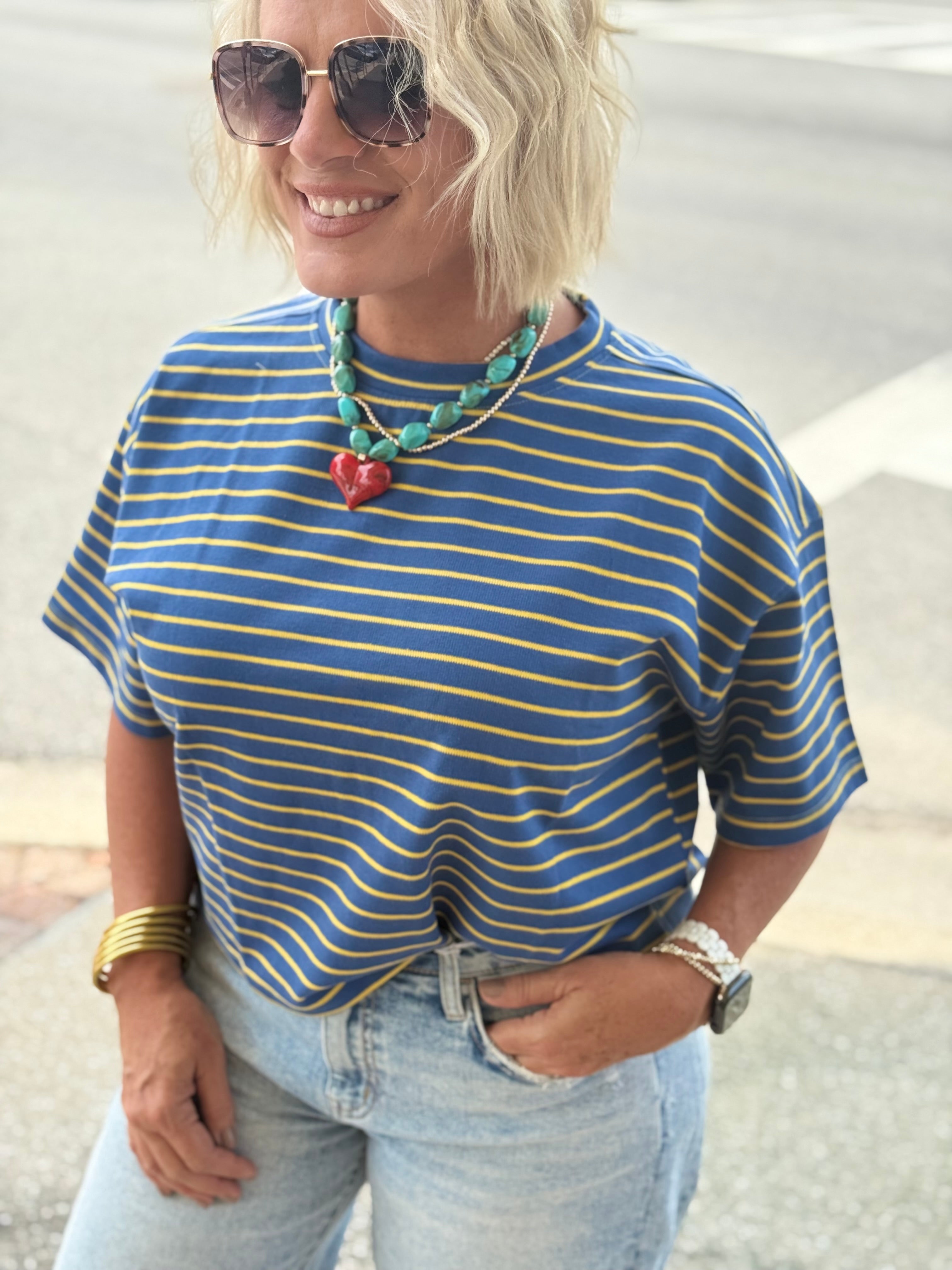 Navy and Yellow Pullover Stripe Everyday Top