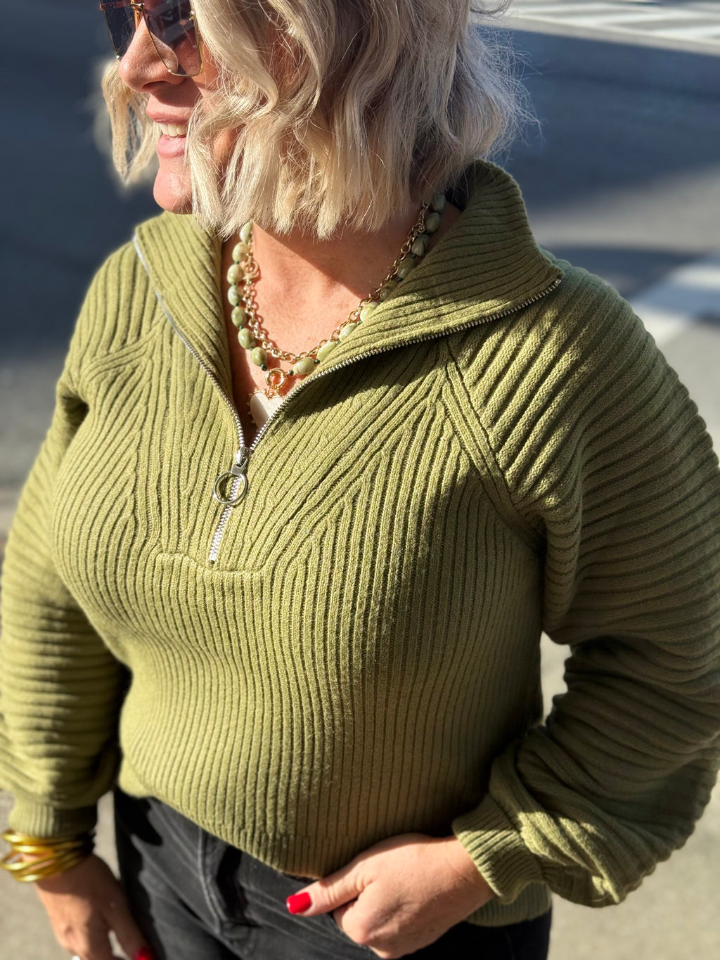 Half Zip Ribbed Sweater in Olive