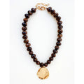 Brown Chunky Beaded with Gold Hammered Coin Charm 16"-18" Necklace