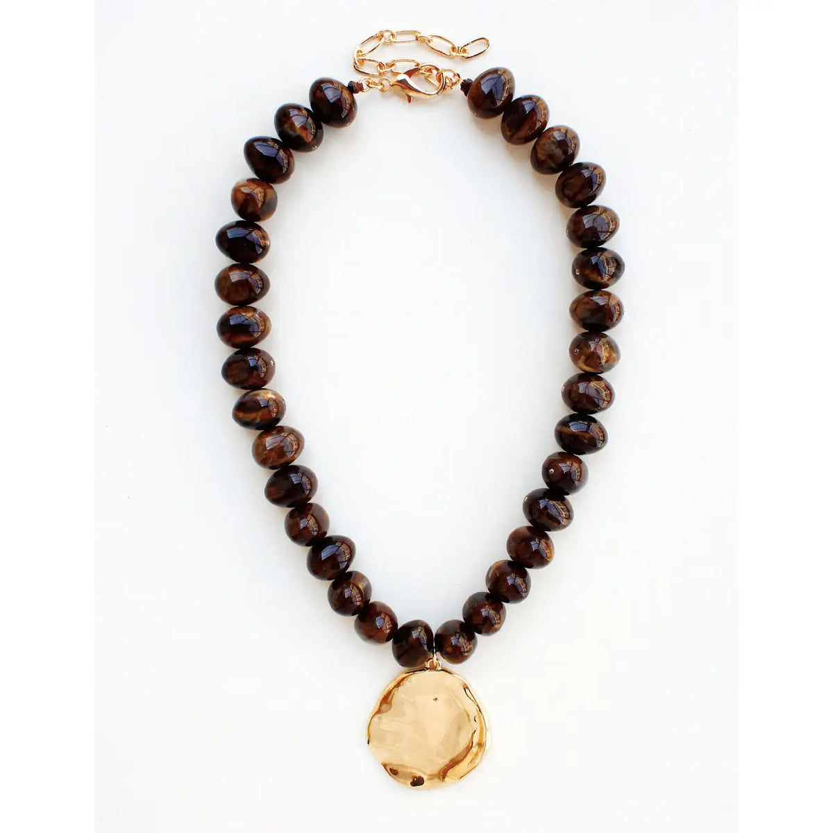 Brown Chunky Beaded with Gold Hammered Coin Charm 16"-18" Necklace
