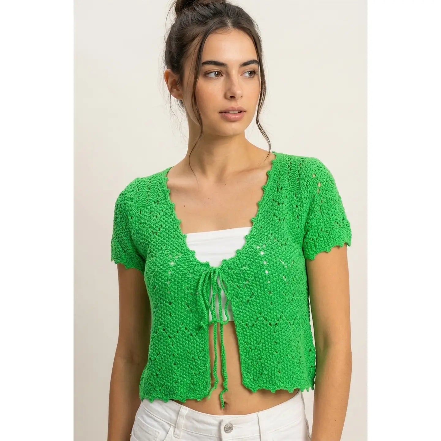 Tie Front Knit Cardigan top in Green