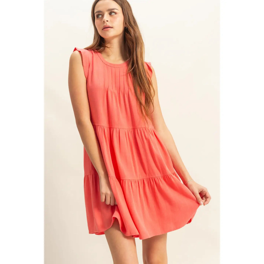 JUNIORS SALMON Flutter Sleeve Tiered Skirt Mini Dress