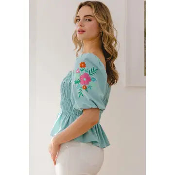 SEAFOAM Embroidery Smocked Peplum Top