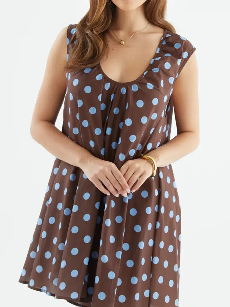 Brown Polka Dot Sleeveless A-Line Dress