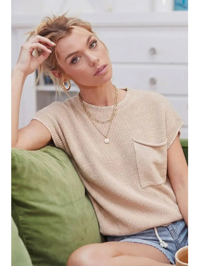 Taupe Solid Cap Sleeve Stitch Edge Knit Sweater