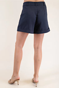 Juniors PLEATED NAVY CUFFED SHORTS