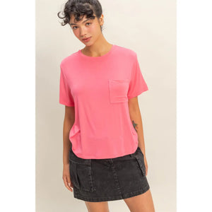Classic Crew Neck Short Sleeve Pocket Top IN TAFFY PINK