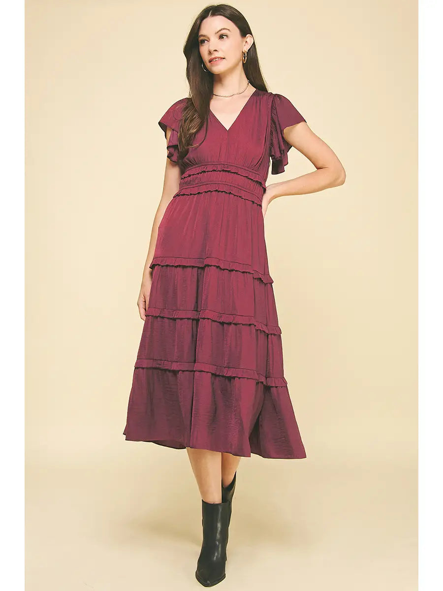 V-Neck Tiered Midi Dress in deep wine
