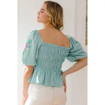 SEAFOAM Embroidery Smocked Peplum Top