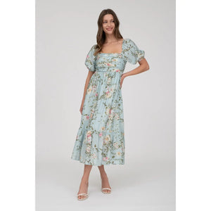 Floral Pleated Front Balloon Sleeve Midi Dress