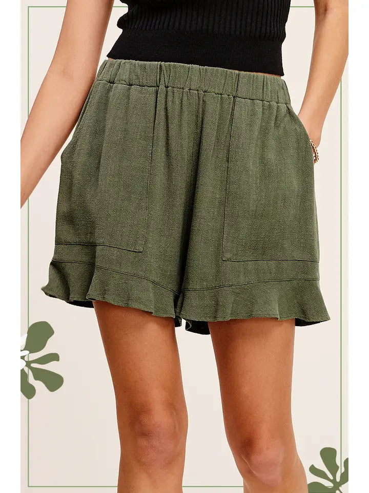 Olive Flared Hem Elastic Band Shorts with Front Pockets