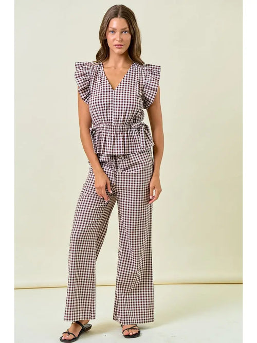 Brown Gingham Ruffle Peplum Top and Pants Set