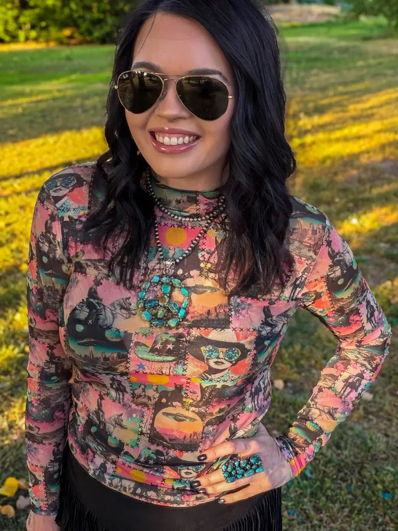 COSMIC COWGIRL LONG SLEEVE MESH TOP