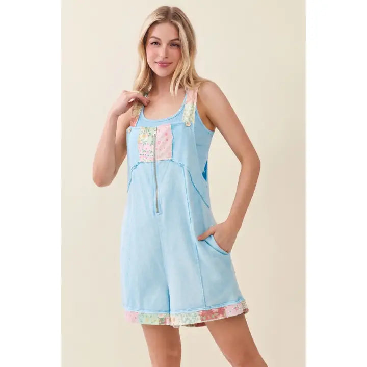 Blue Mineral Washed Floral Patched Zipper Romper