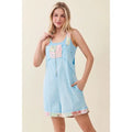 Blue Mineral Washed Floral Patched Zipper Romper