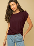 Side Twist Hem Short Sleeve Round Neck Top in Raisin